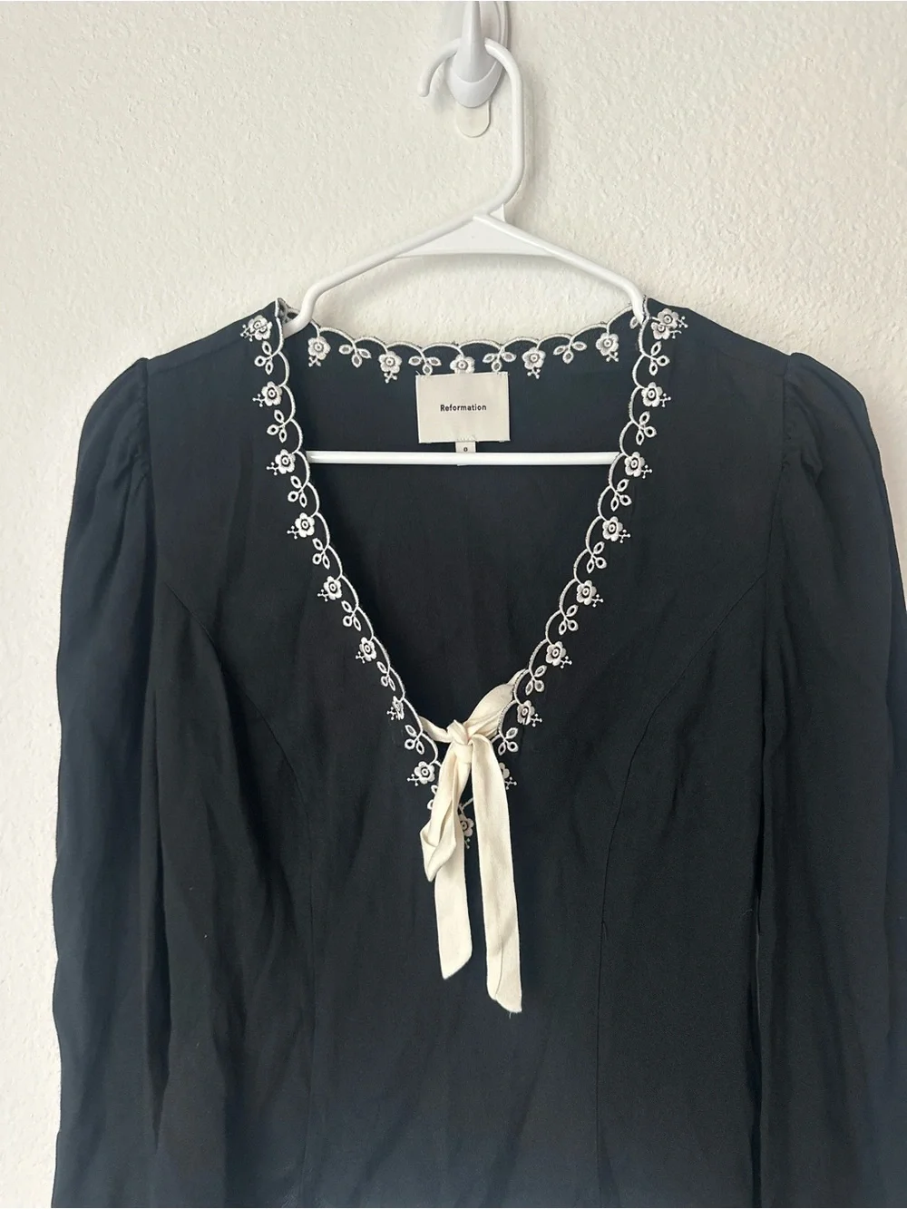 Reformation V-Neck Blouse with Cream Ribbon